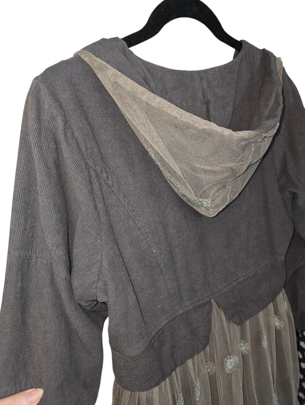 Sacred Threads Grey Corduroy & Embroidered Lace Hooded Jacket Coat - Size Small - Picture 8 of 13